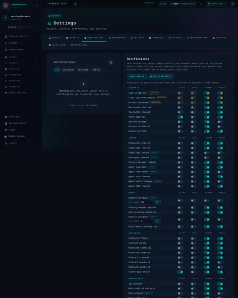 settings · NOTIFICATIONS: the top of the console page /settings, open for the whole page