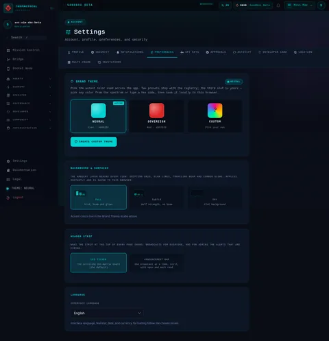 settings · PREFERENCES: the top of the console page /settings, open for the whole page