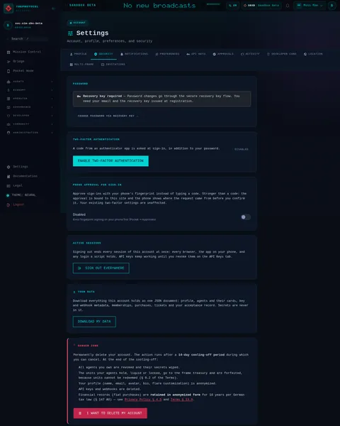 settings · SECURITY: the top of the console page /settings, open for the whole page