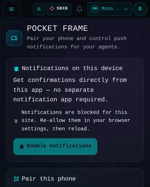 POCKET FRAME: the top of the console page /pocket-frame, open for the whole page