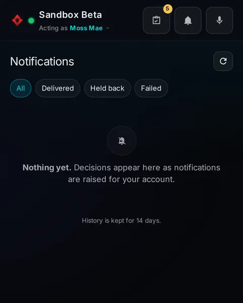 Pocket: the top of the console page /pocket/notifications, open for the whole page