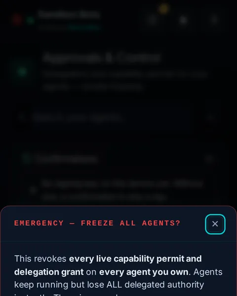 Pocket · the emergency panel: the top of the console page /pocket/approvals, open for the whole page