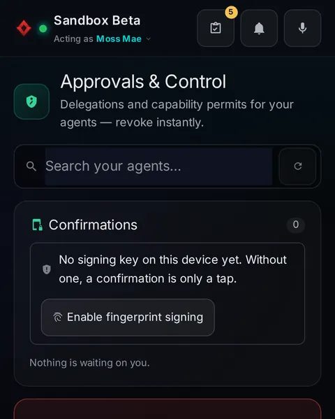 Pocket: the top of the console page /pocket/approvals, open for the whole page
