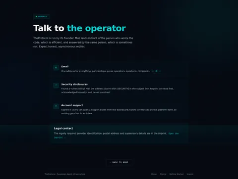 Contact: the top of the console page /contact, open for the whole page