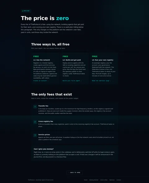 Pricing: the top of the console page /pricing, open for the whole page