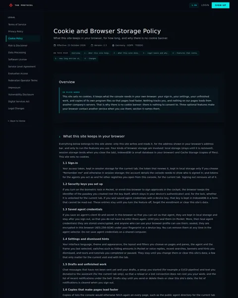 legal: the top of the console page /legal/cookies, open for the whole page