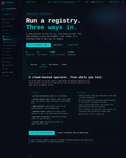 Operator · 02 Cloud: the top of the console page /operator, open for the whole page