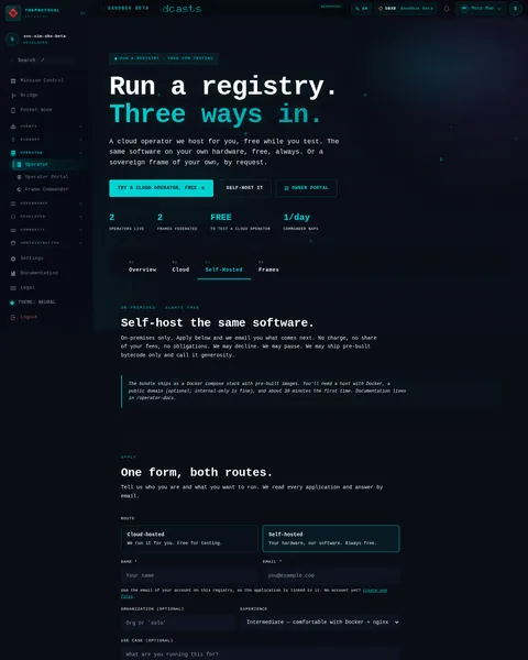 Operator · 03 Self-Hosted: the top of the console page /operator, open for the whole page