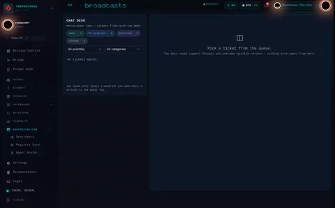 Chat Desk: the top of the console page /admin/chatdesk, open for the whole page