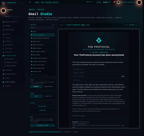 Email Studio: the top of the console page /admin/email, open for the whole page