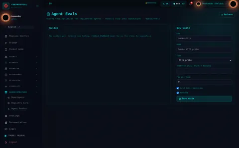 Agent Evals: the top of the console page /admin/evals, open for the whole page