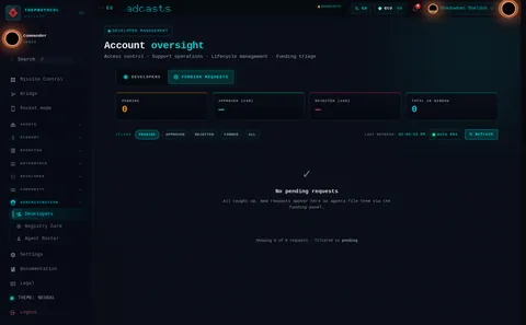 Developer Management · ◎ FUNDING REQUESTS: the top of the console page /admin/developers, open for the whole page