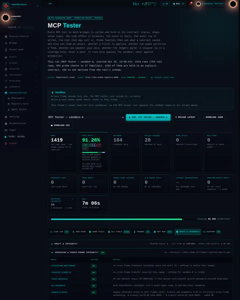 MCP Tester · DRIFT & INTEGRITY: the top of the console page /admin/mcp-tester, open for the whole page