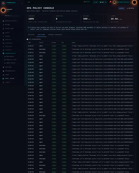 OPA · DECISIONS: the top of the console page /admin/opa, open for the whole page