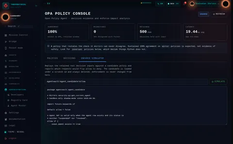 OPA · ENFORCE SIMULATOR: the top of the console page /admin/opa, open for the whole page