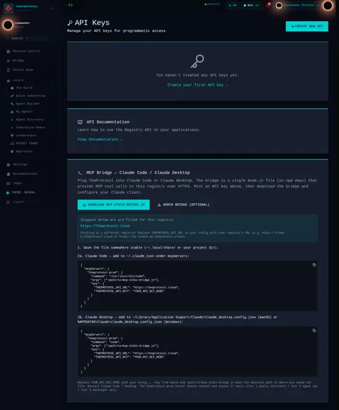 Api keys: the top of the console page /api-keys, open for the whole page