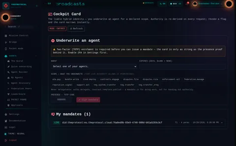 Cockpit Card: the top of the console page /cockpit, open for the whole page