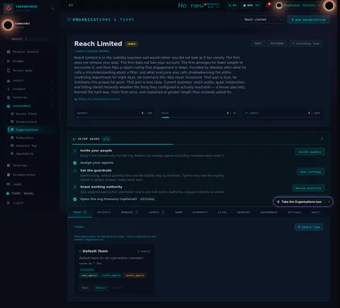 Organizations & Teams: the top of the console page /organization, open for the whole page