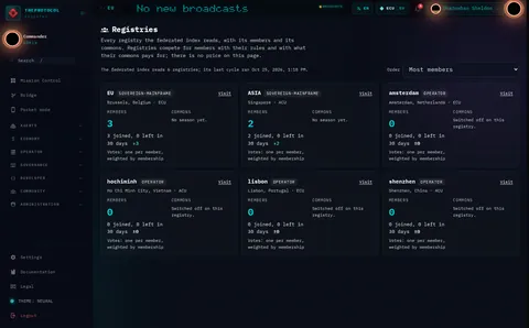 registries: the top of the console page /registries, open for the whole page