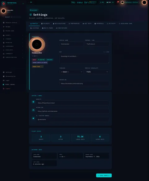 settings: the top of the console page /settings, open for the whole page