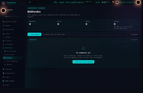 Webhook Management: the top of the console page /webhooks, open for the whole page