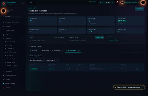 CI/CD Management · ▶ DEPLOYMENTS 1: the top of the console page /agent/did:theprotocol:eu.theprotocol.cloud:76a8ed9b-83e9-4740-988d-b81a5293c3cf/ci-cd, open for the whole page