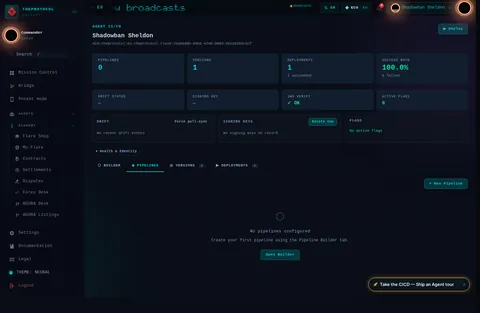 CI/CD Management · ◈ PIPELINES: the top of the console page /agent/did:theprotocol:eu.theprotocol.cloud:76a8ed9b-83e9-4740-988d-b81a5293c3cf/ci-cd, open for the whole page