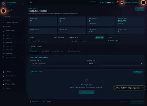 CI/CD Management: the top of the console page /agent/did:theprotocol:eu.theprotocol.cloud:76a8ed9b-83e9-4740-988d-b81a5293c3cf/ci-cd, open for the whole page