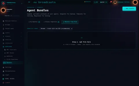 Agent Bundles · Restore from File: the top of the console page /bundles, open for the whole page