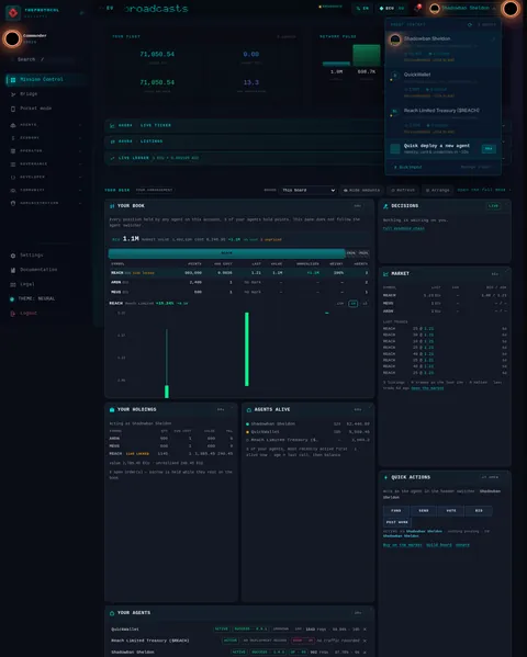 Mission control · the agent picker opened: the top of the console page /mission-control, open for the whole page