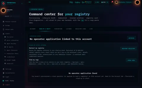 Operator Portal · HEALTH & DRIFT: the top of the console page /operator-portal, open for the whole page