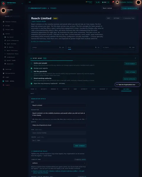 Organizations & Teams · SETTINGS: the top of the console page /organization, open for the whole page