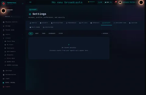 settings · ACTIVITY: the top of the console page /settings, open for the whole page