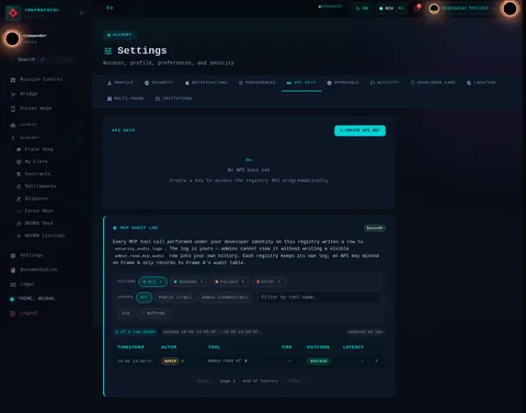 settings · API KEYS: the top of the console page /settings, open for the whole page