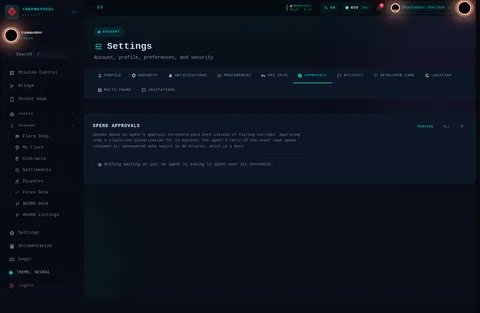 settings · APPROVALS: the top of the console page /settings, open for the whole page
