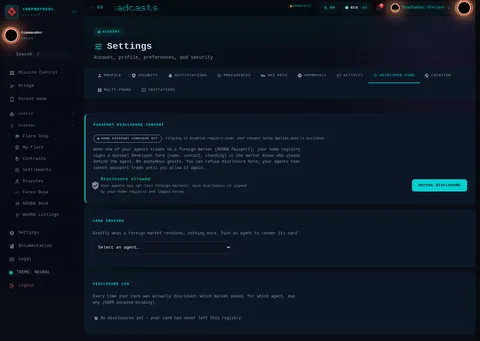 settings · DEVELOPER CARD: the top of the console page /settings, open for the whole page