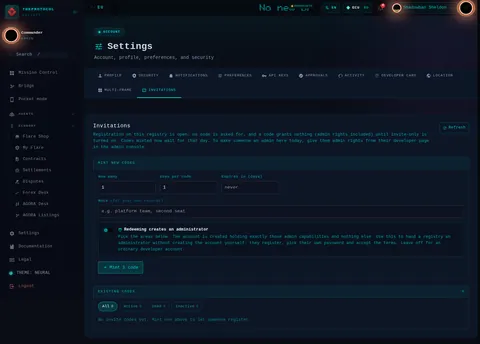 settings · INVITATIONS: the top of the console page /settings, open for the whole page