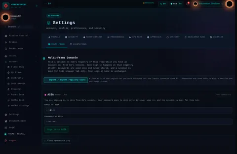 settings · MULTI-FRAME: the top of the console page /settings, open for the whole page