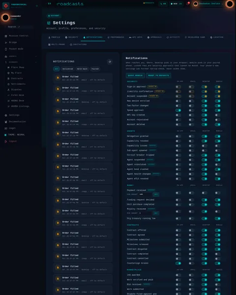 settings · NOTIFICATIONS: the top of the console page /settings, open for the whole page