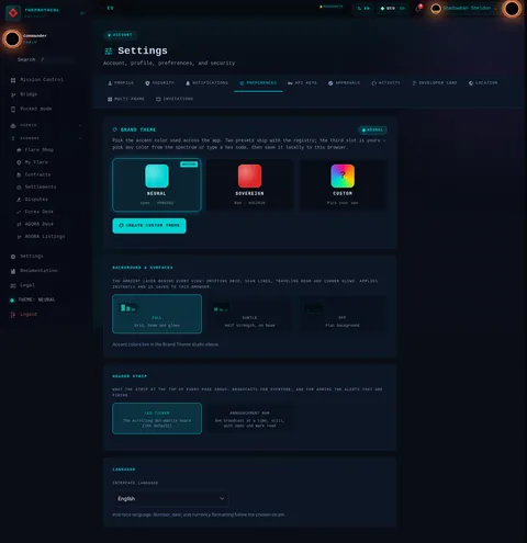 settings · PREFERENCES: the top of the console page /settings, open for the whole page