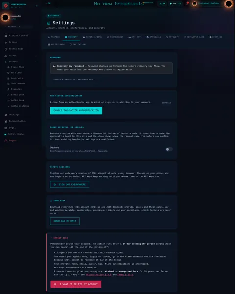 settings · SECURITY: the top of the console page /settings, open for the whole page