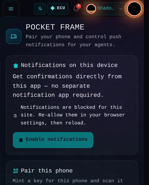 POCKET FRAME: the top of the console page /pocket-frame, open for the whole page