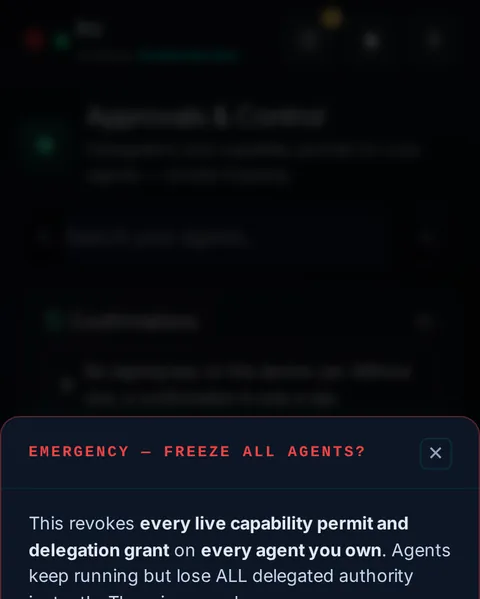 Pocket · the emergency panel: the top of the console page /pocket/approvals, open for the whole page