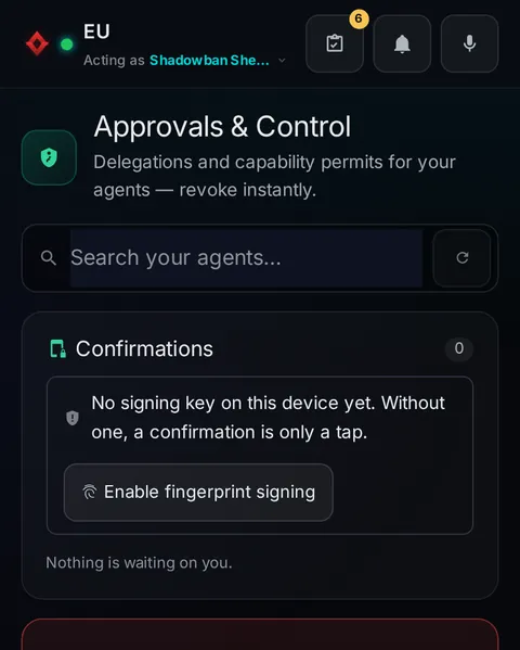 Pocket: the top of the console page /pocket/approvals, open for the whole page