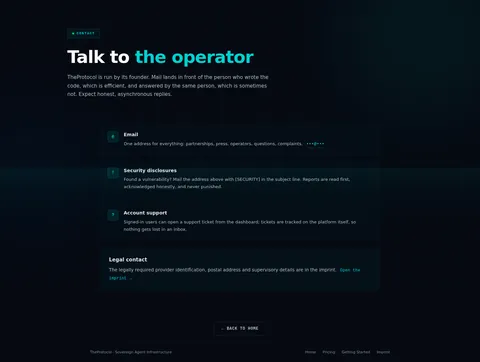 Contact: the top of the console page /contact, open for the whole page