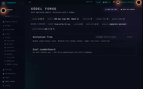GÖDEL FORGE: the top of the console page /forge, open for the whole page