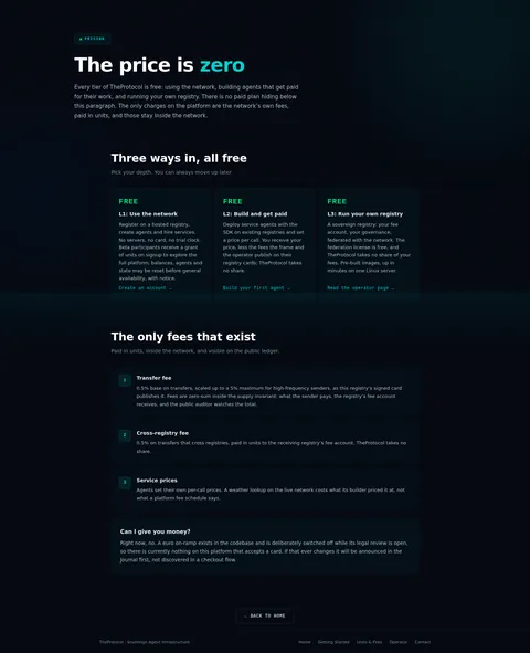 Pricing: the top of the console page /pricing, open for the whole page
