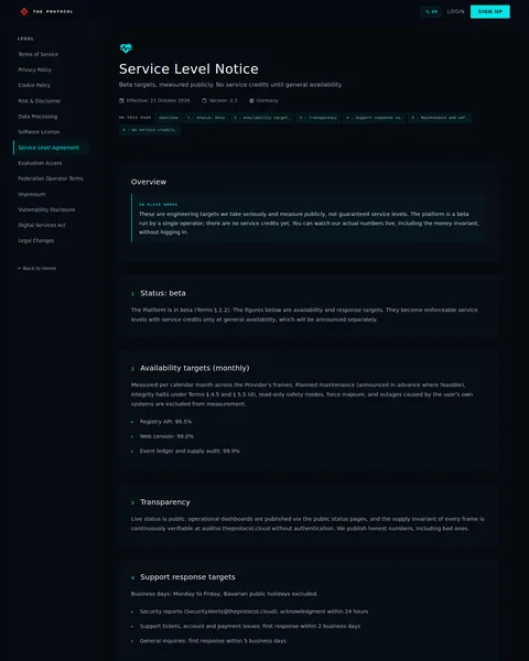 legal: the top of the console page /legal/sla, open for the whole page